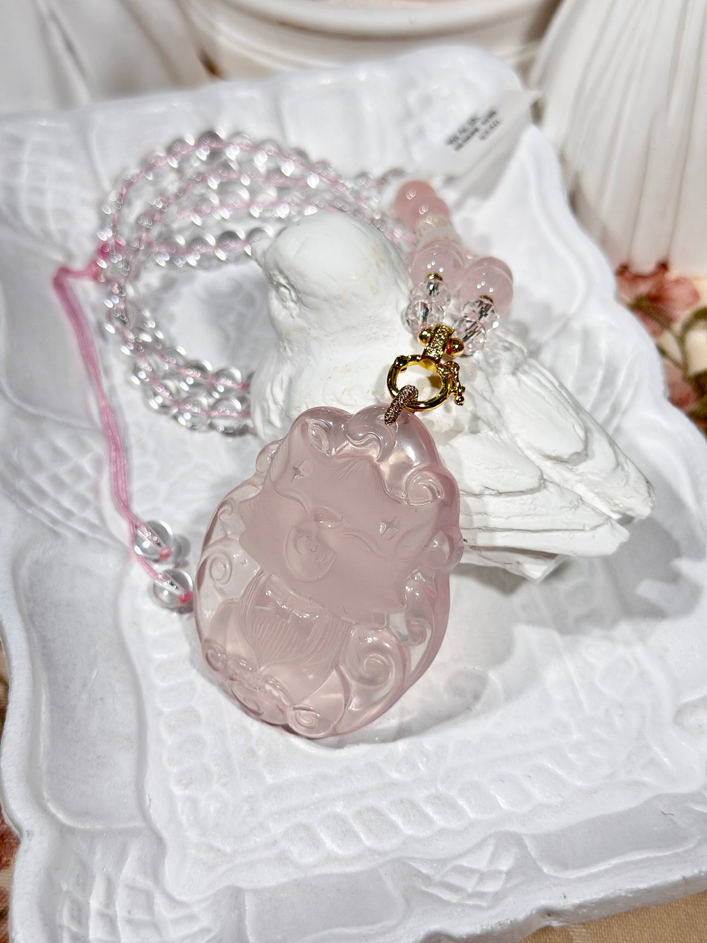 Pink quartz fox necklace