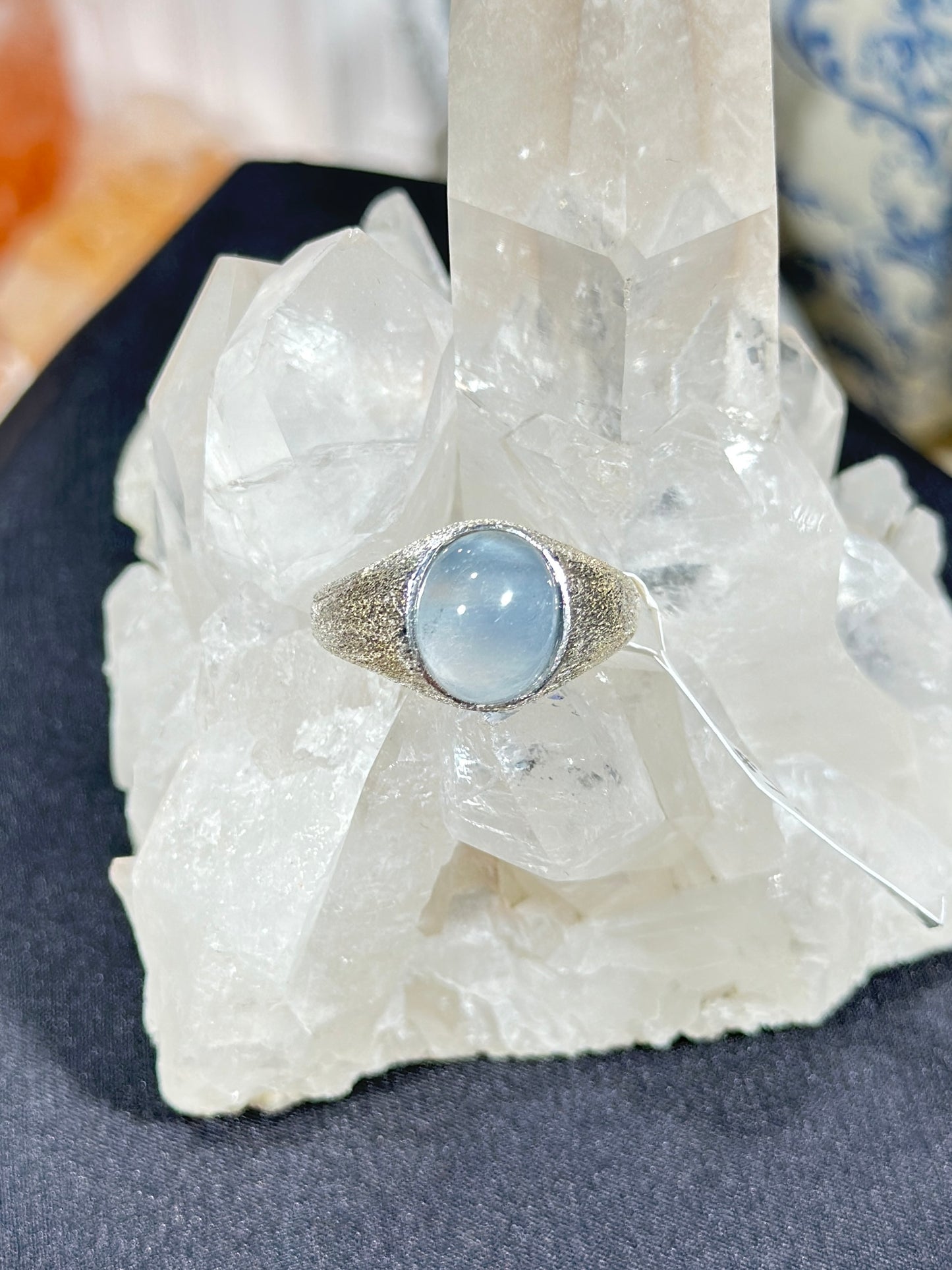 Blue rabbit fur crystal S925 silver ring