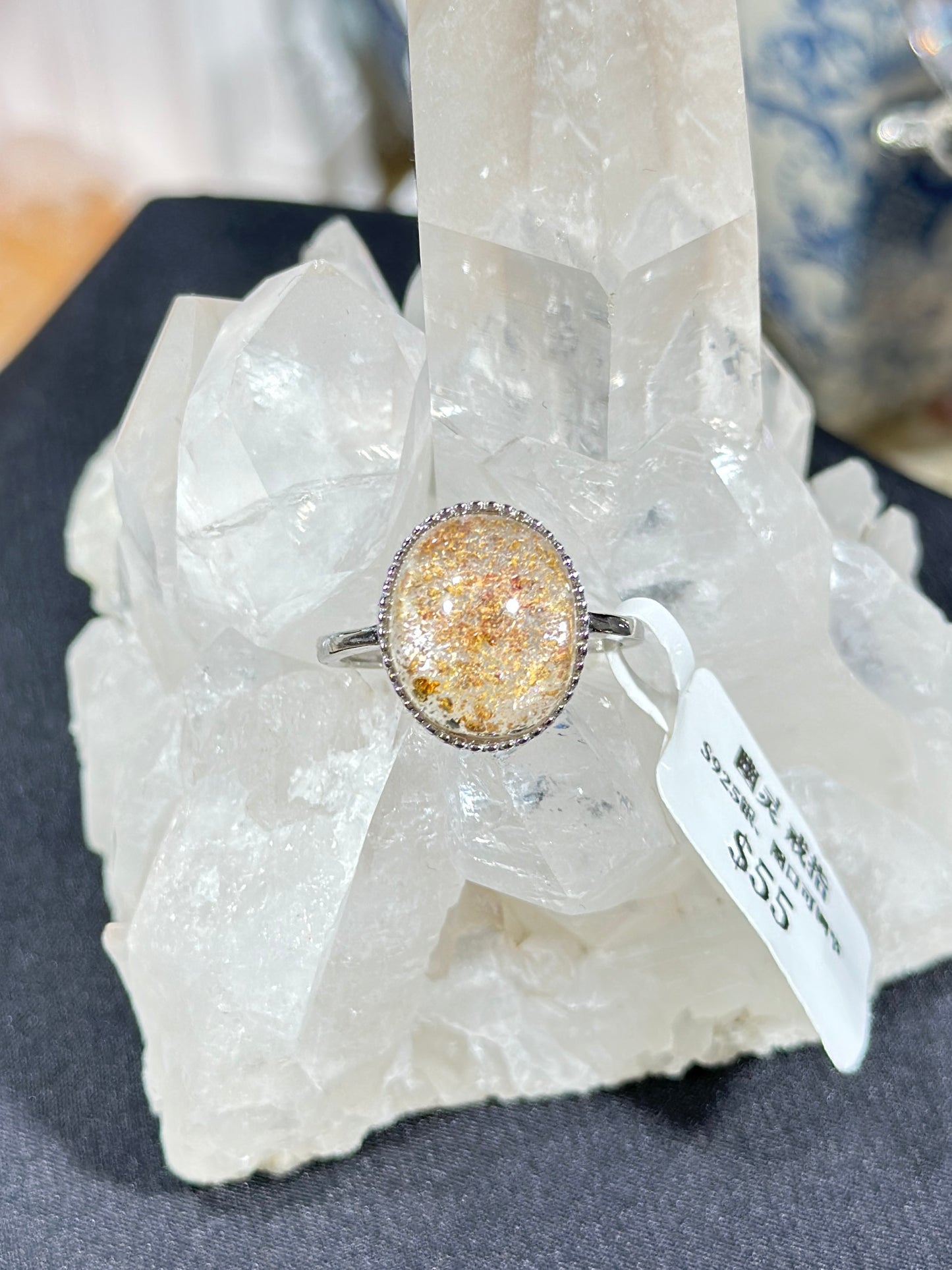 Orange-pink ghost crystal S925 silver ring