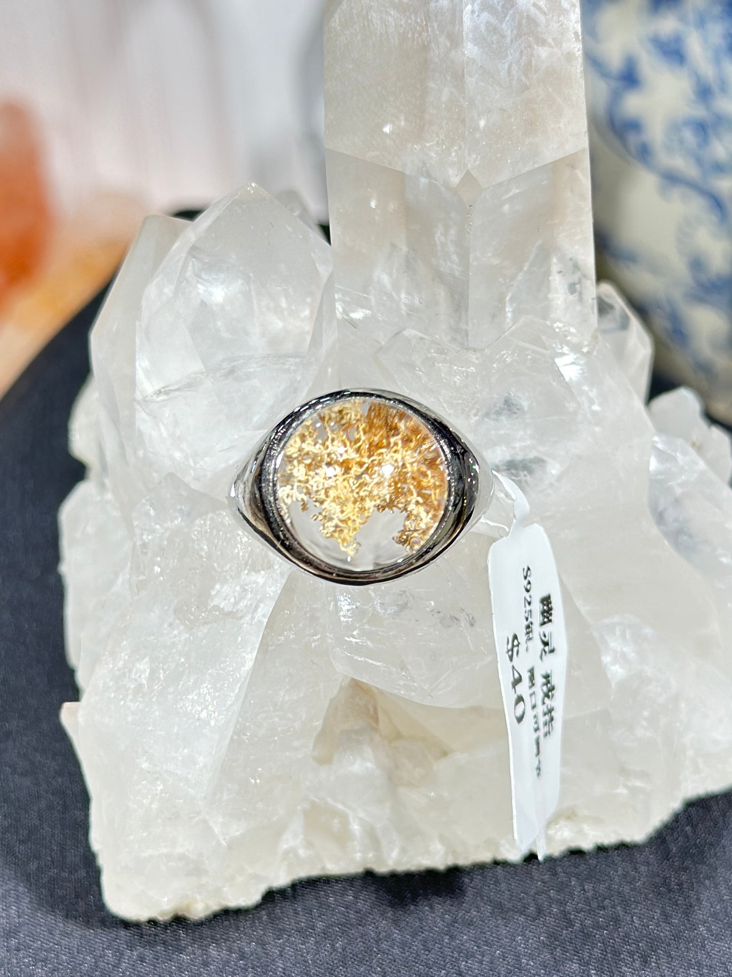 Orange-pink ghost crystal S925 silver ring