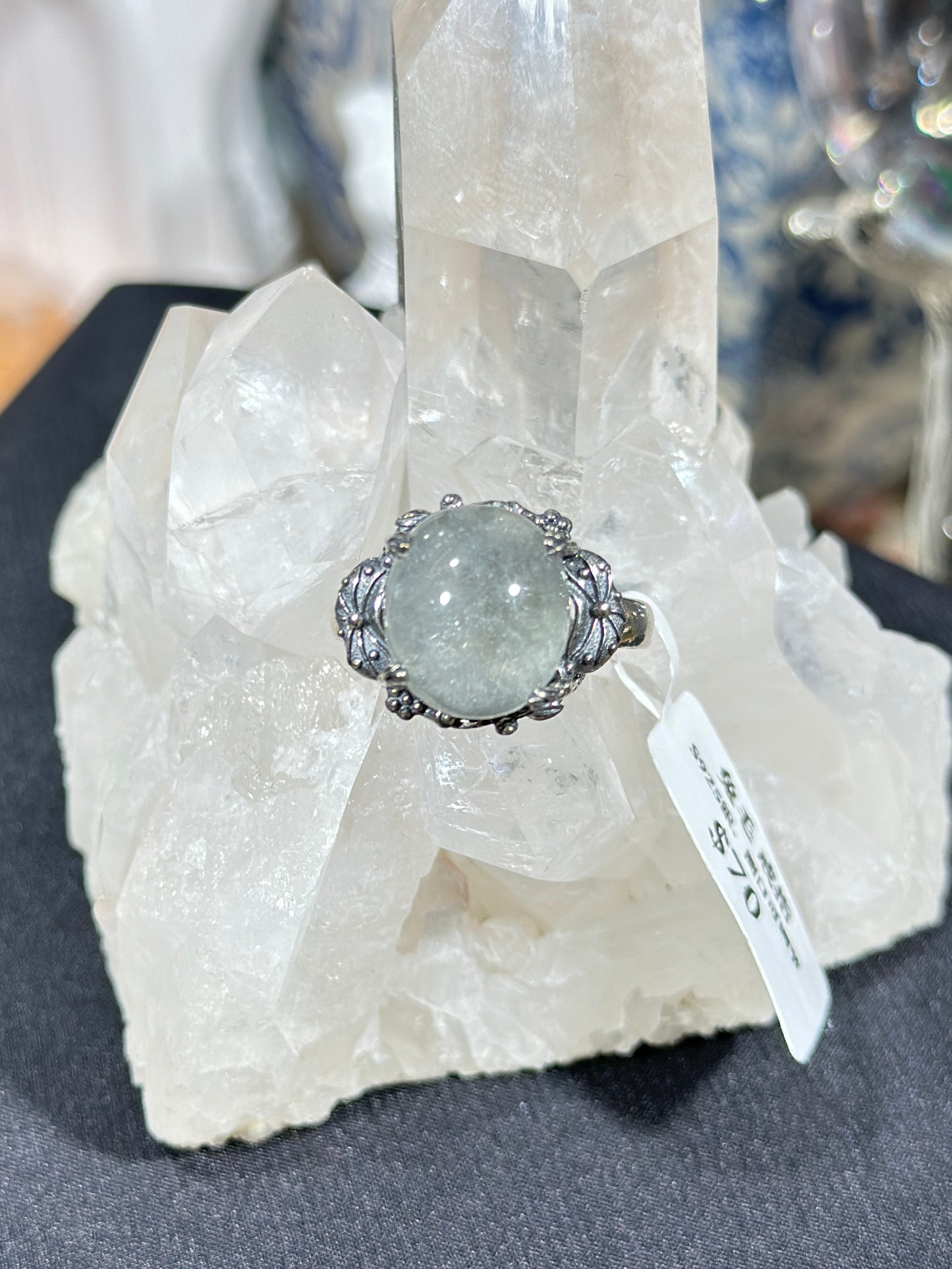 Gray and white rabbit fur crystal S925 silver ring
