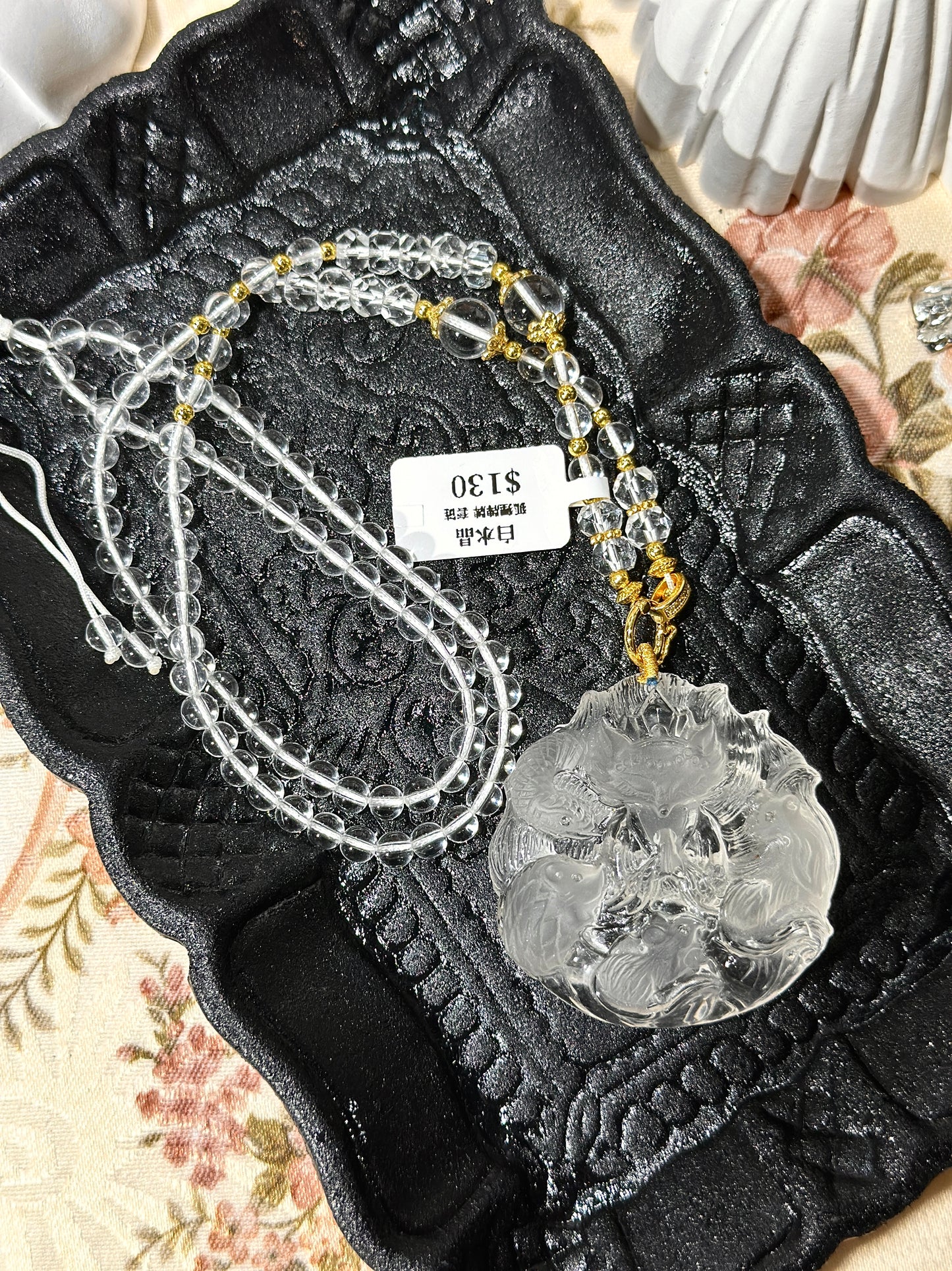 白水晶雕刻狐狸牌套链