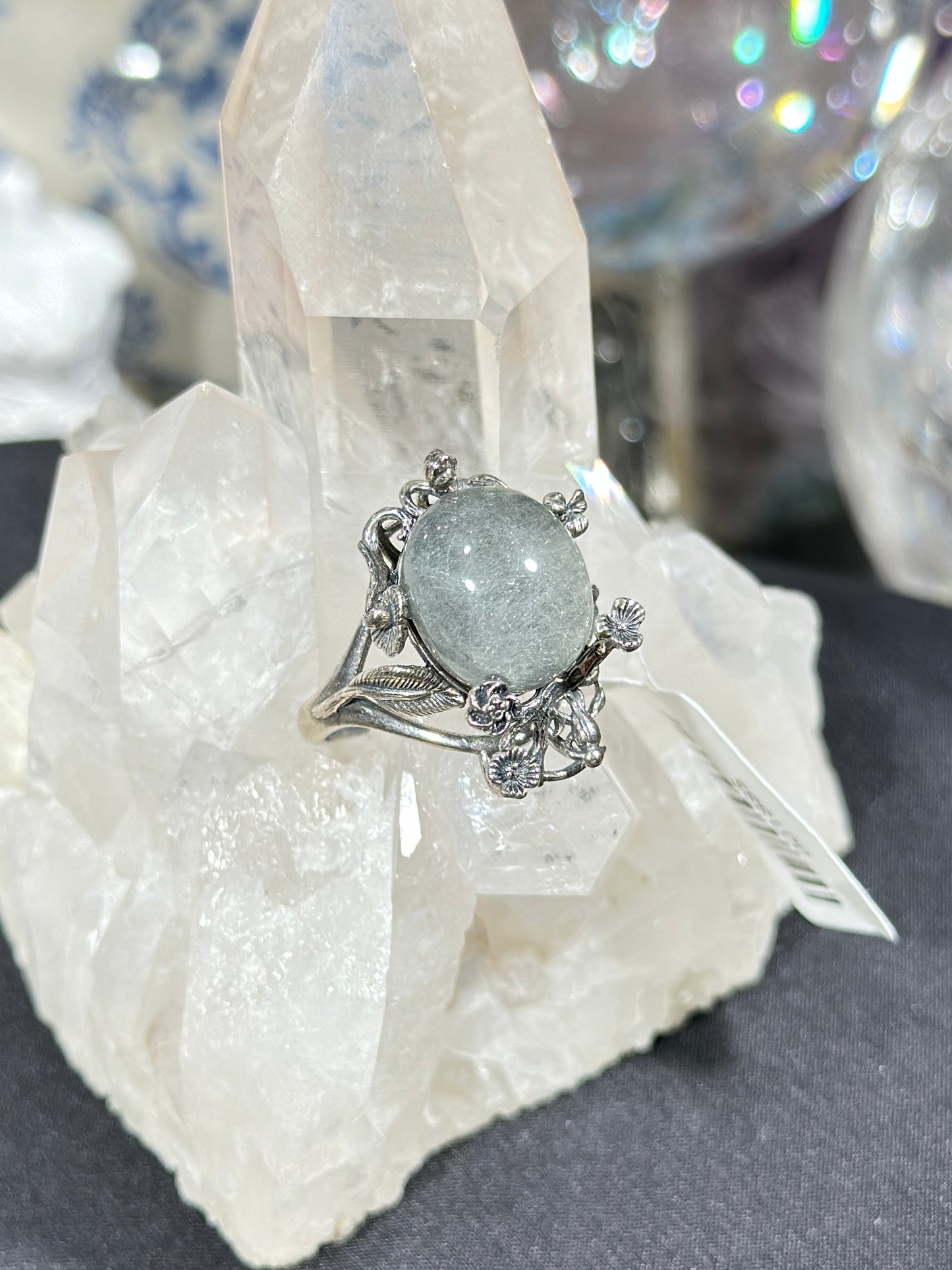 Gray and white rabbit fur crystal S925 silver ring
