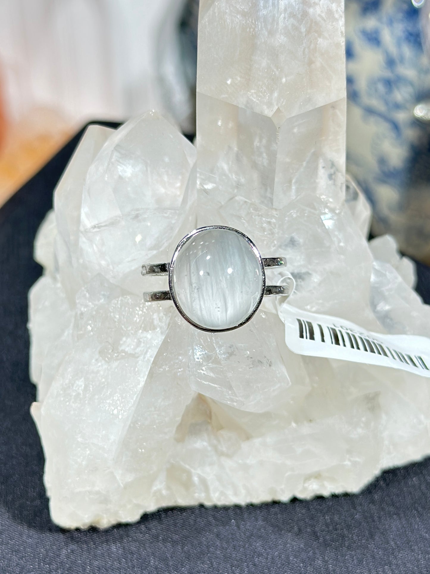 Gray and white rabbit fur crystal S925 silver ring