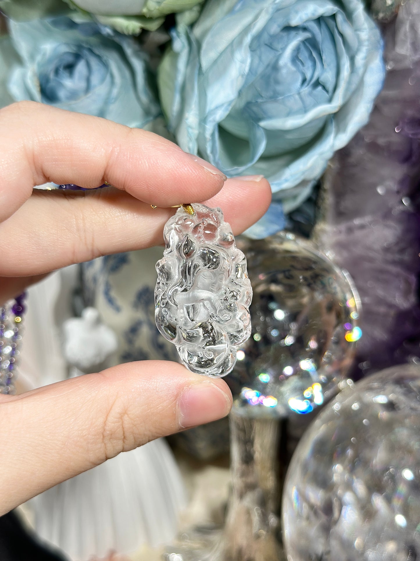 白水晶雕刻狐狸牌套链