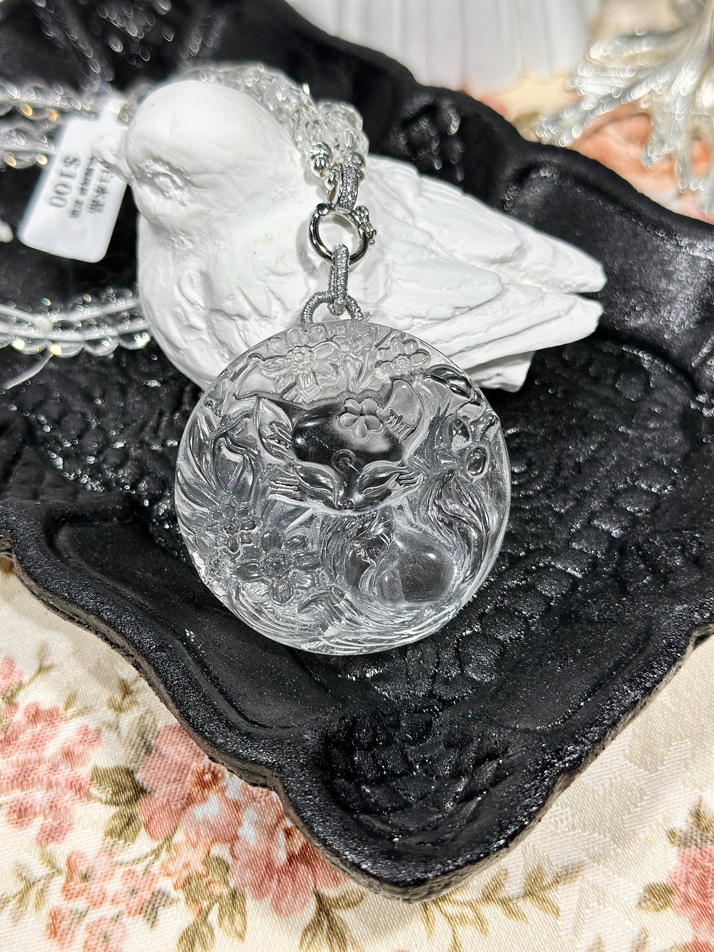 白水晶雕刻狐狸牌套链