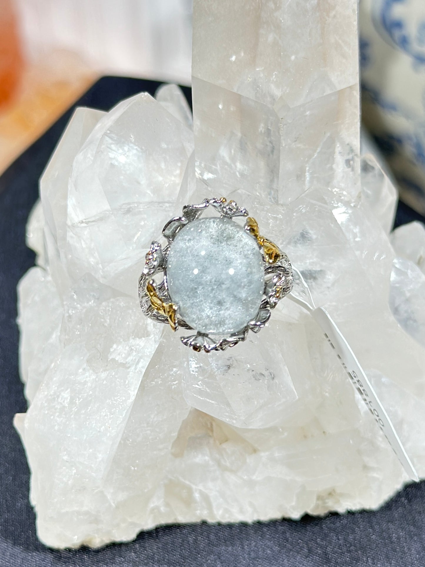 Blue rabbit fur crystal S925 silver ring