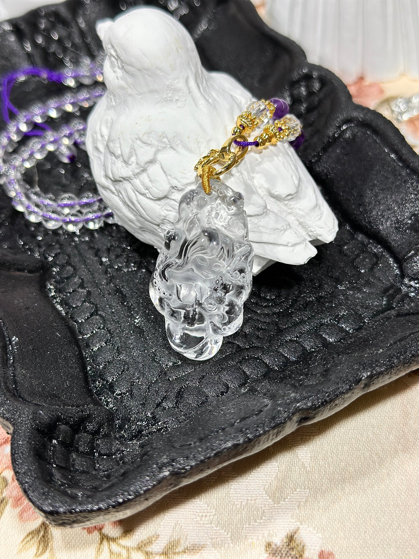 白水晶雕刻狐狸牌套链