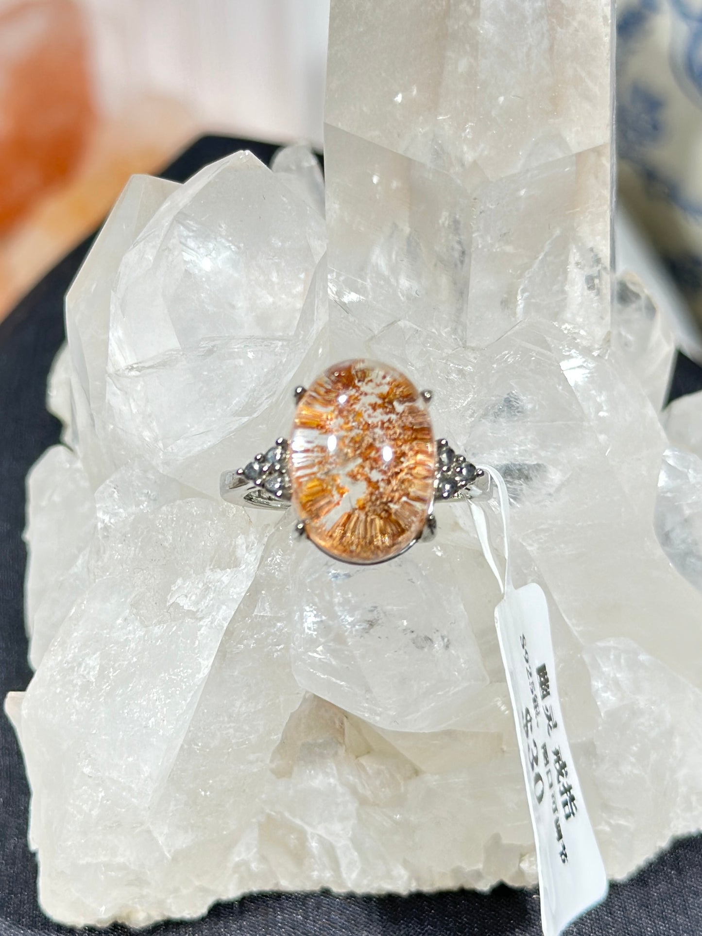 Orange-pink ghost crystal S925 silver ring