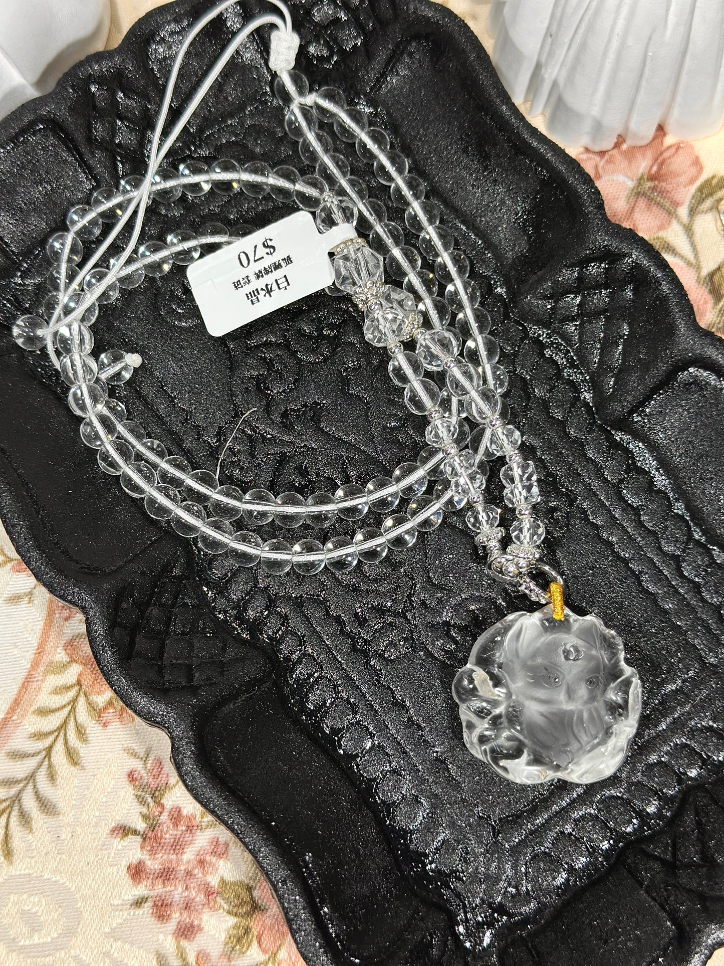 白水晶雕刻狐狸牌套链