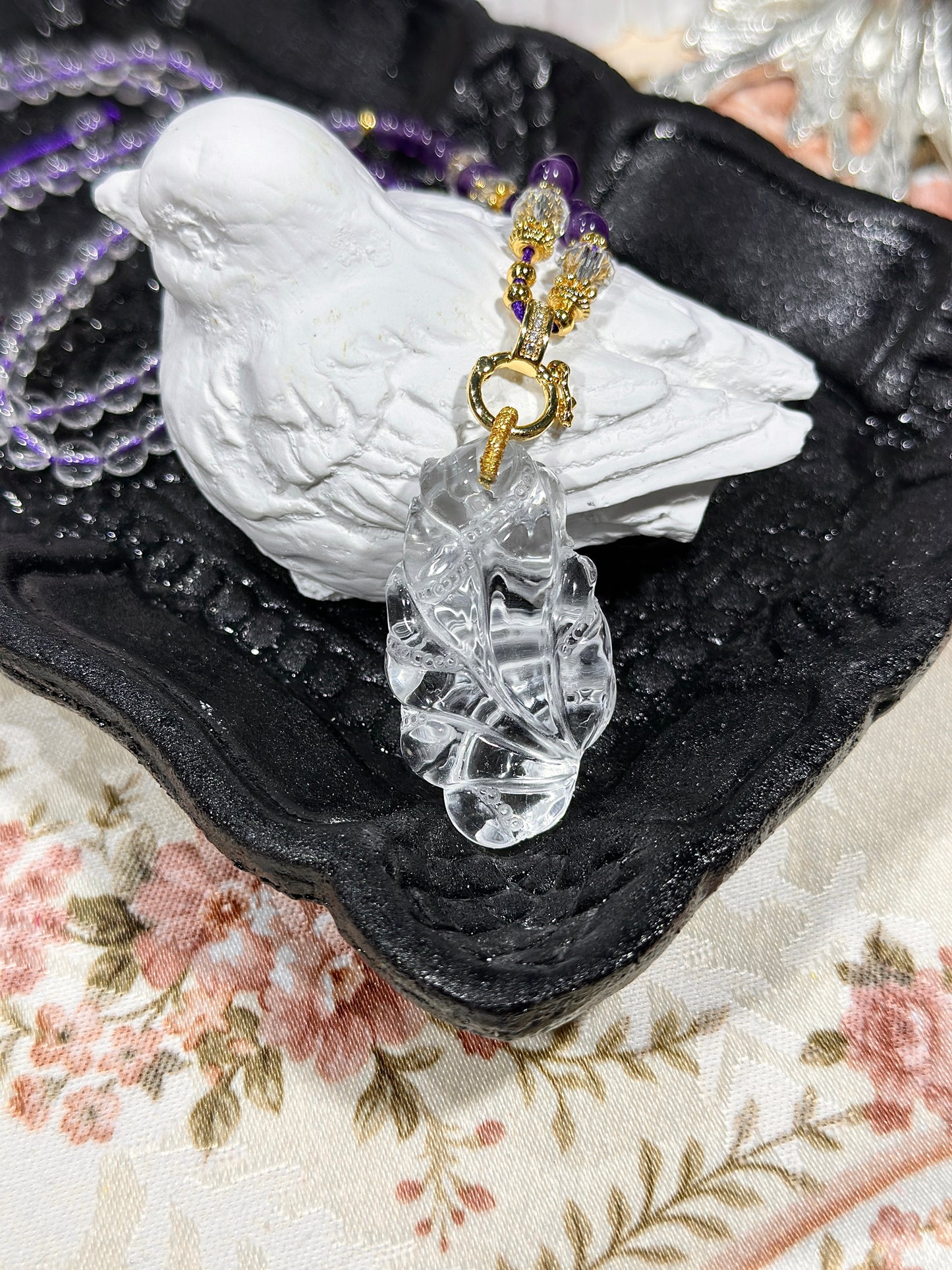 白水晶雕刻狐狸牌套链