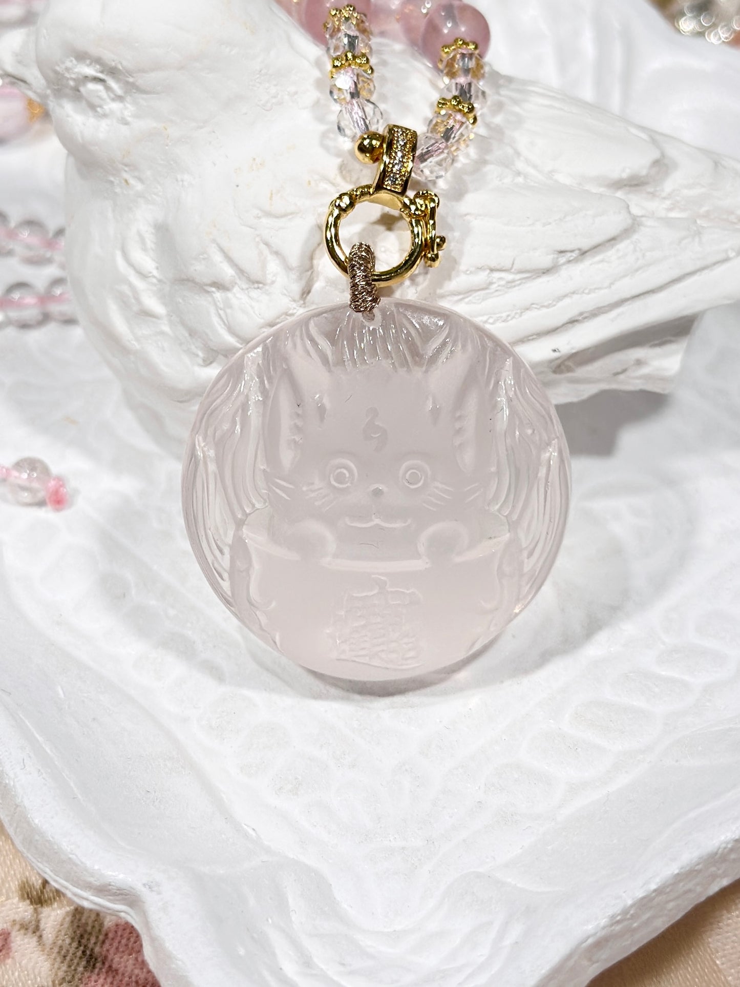 Pink quartz fox necklace