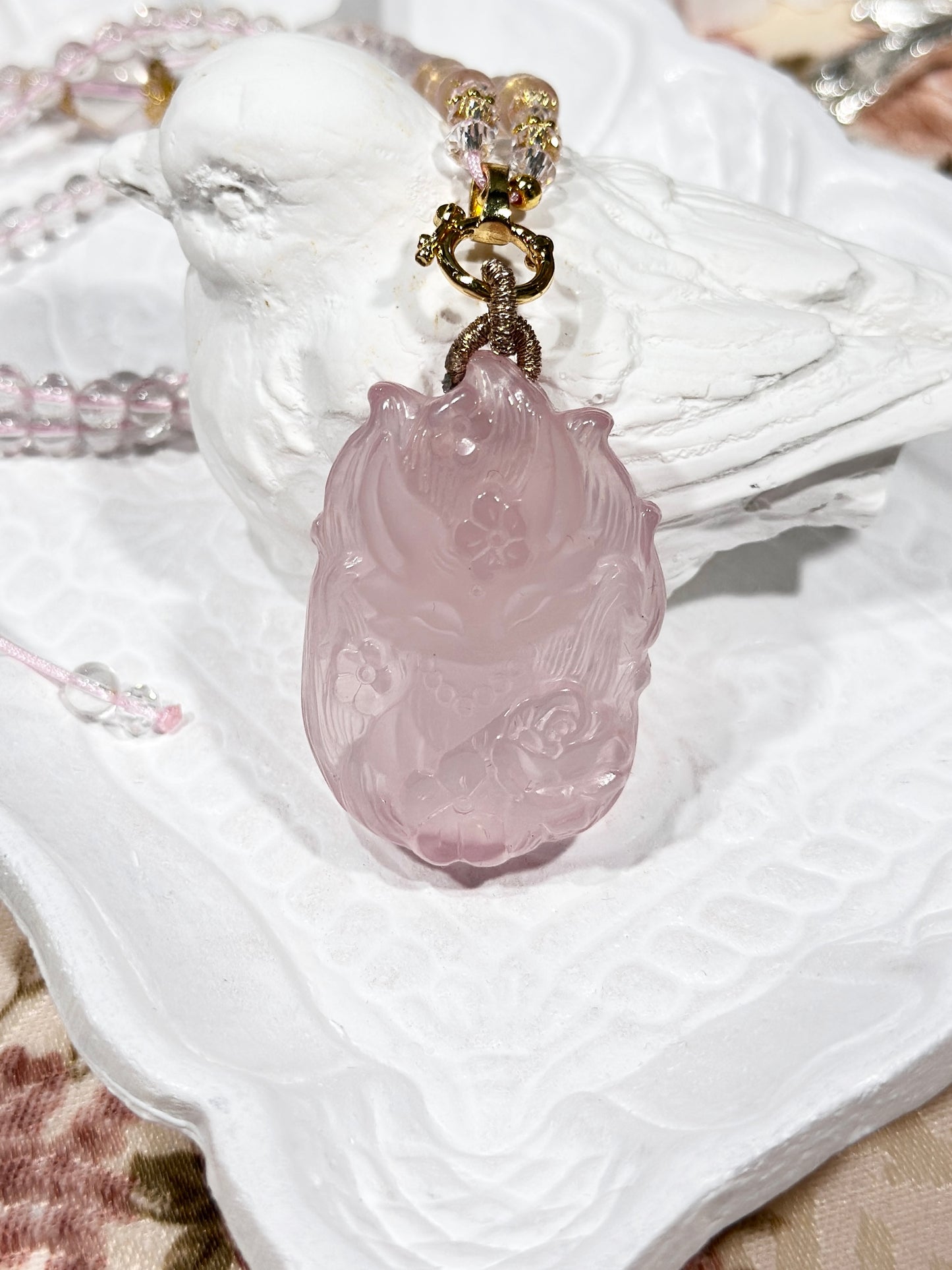 Pink quartz fox necklace