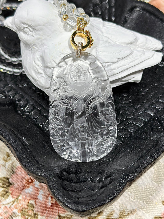 白水晶雕刻狐狸牌套链