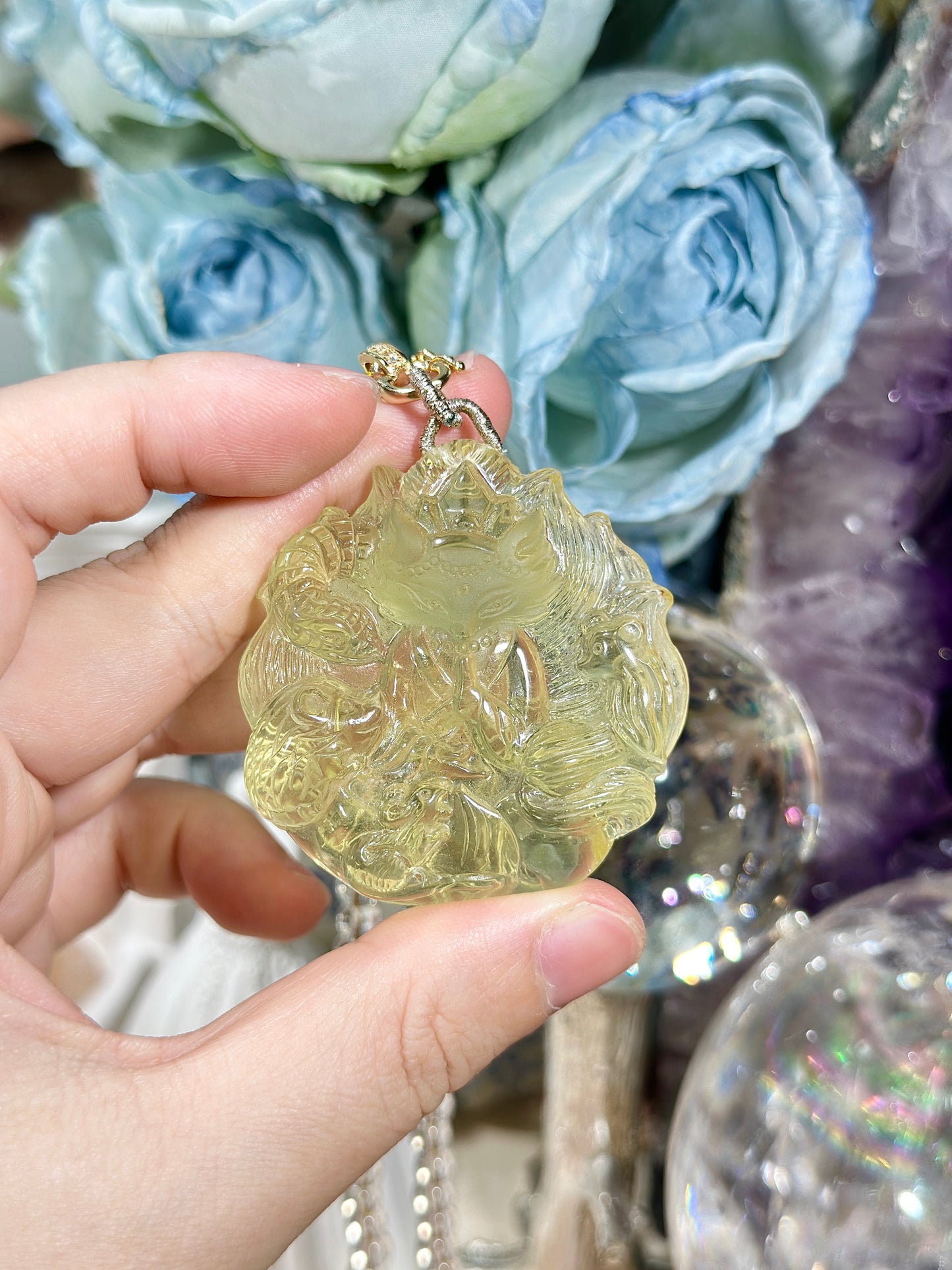 柠檬黄水晶雕刻狐狸牌套链