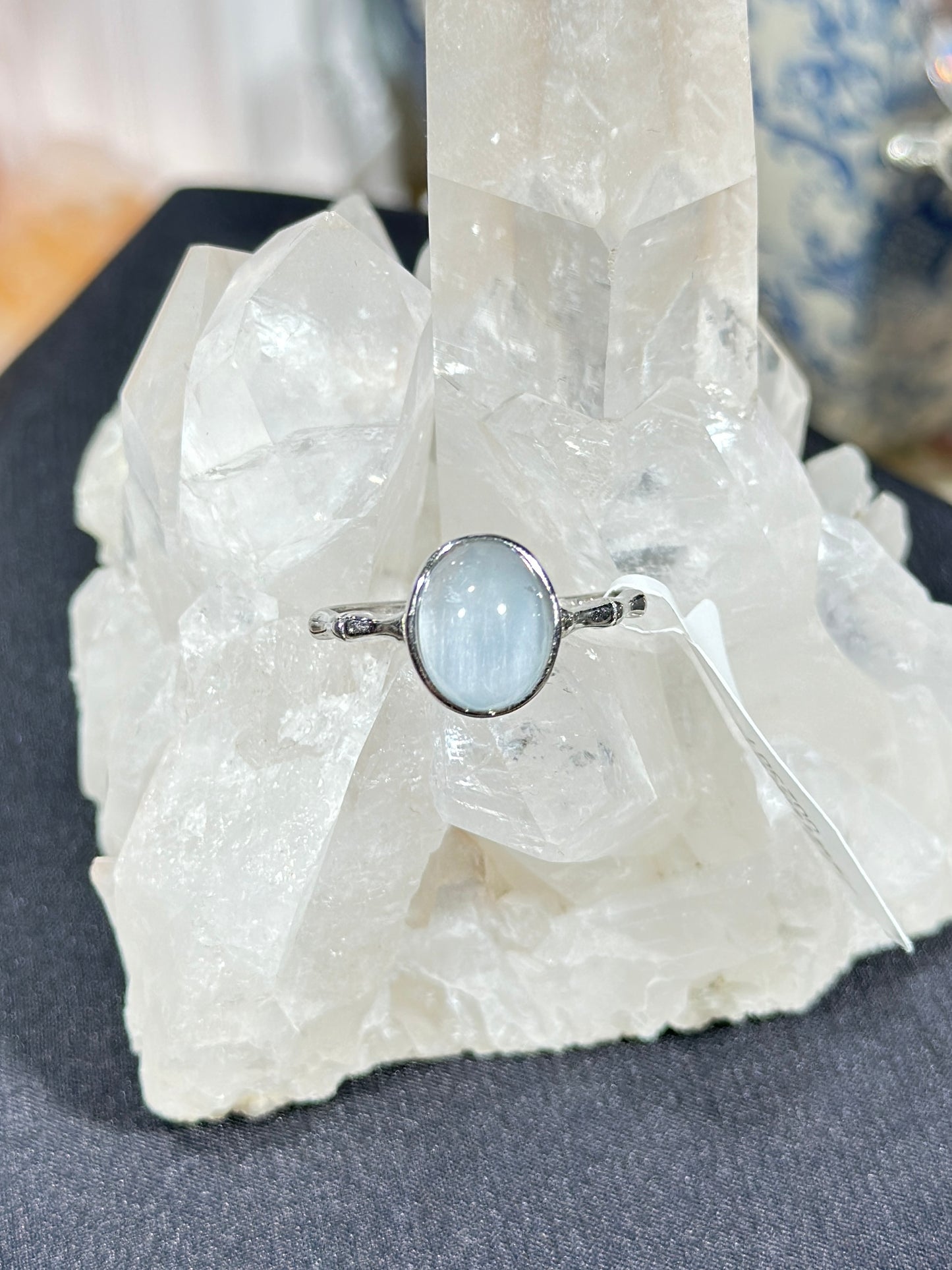 Blue rabbit fur crystal S925 silver ring
