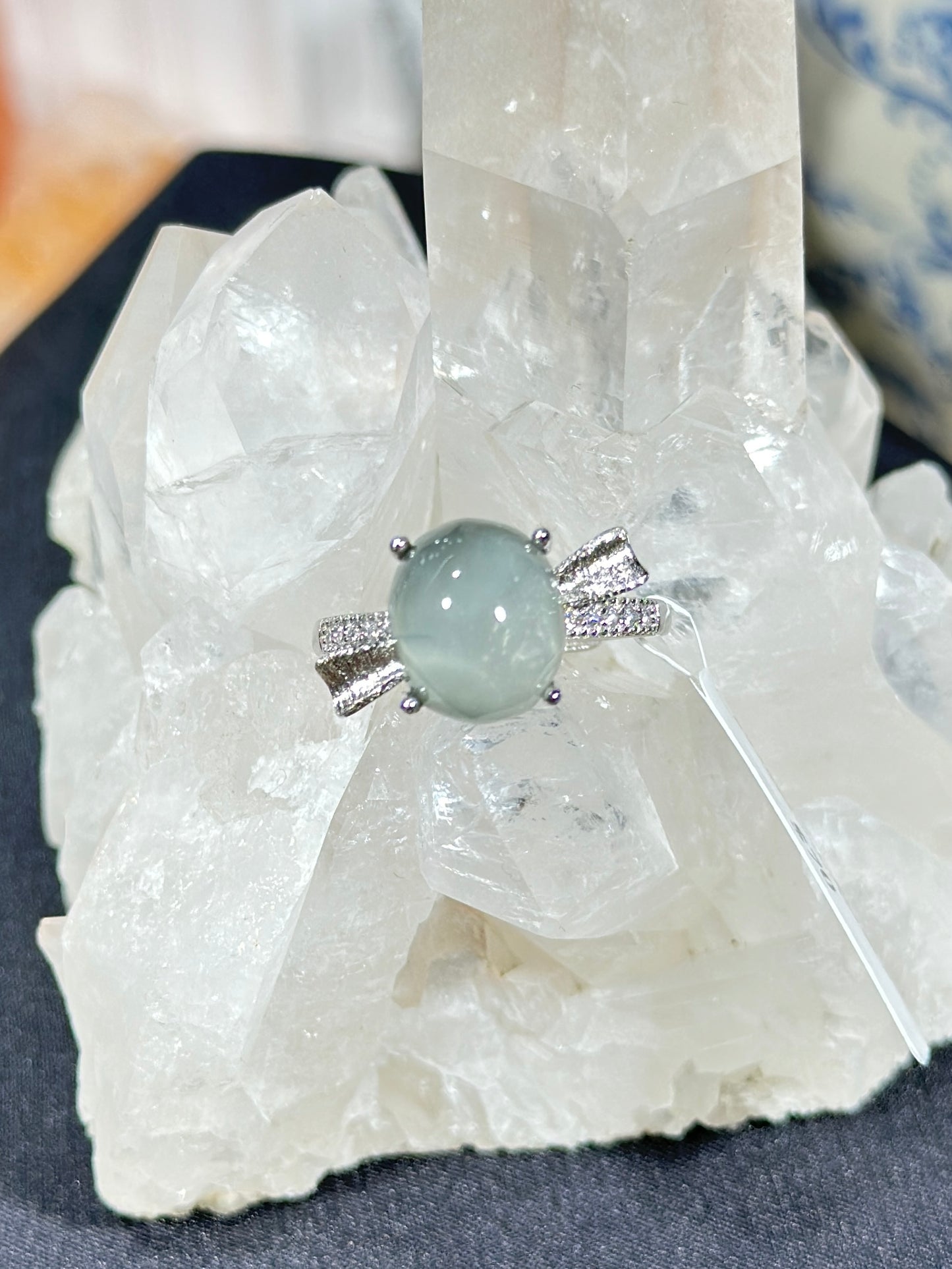 Blue rabbit fur crystal S925 silver ring