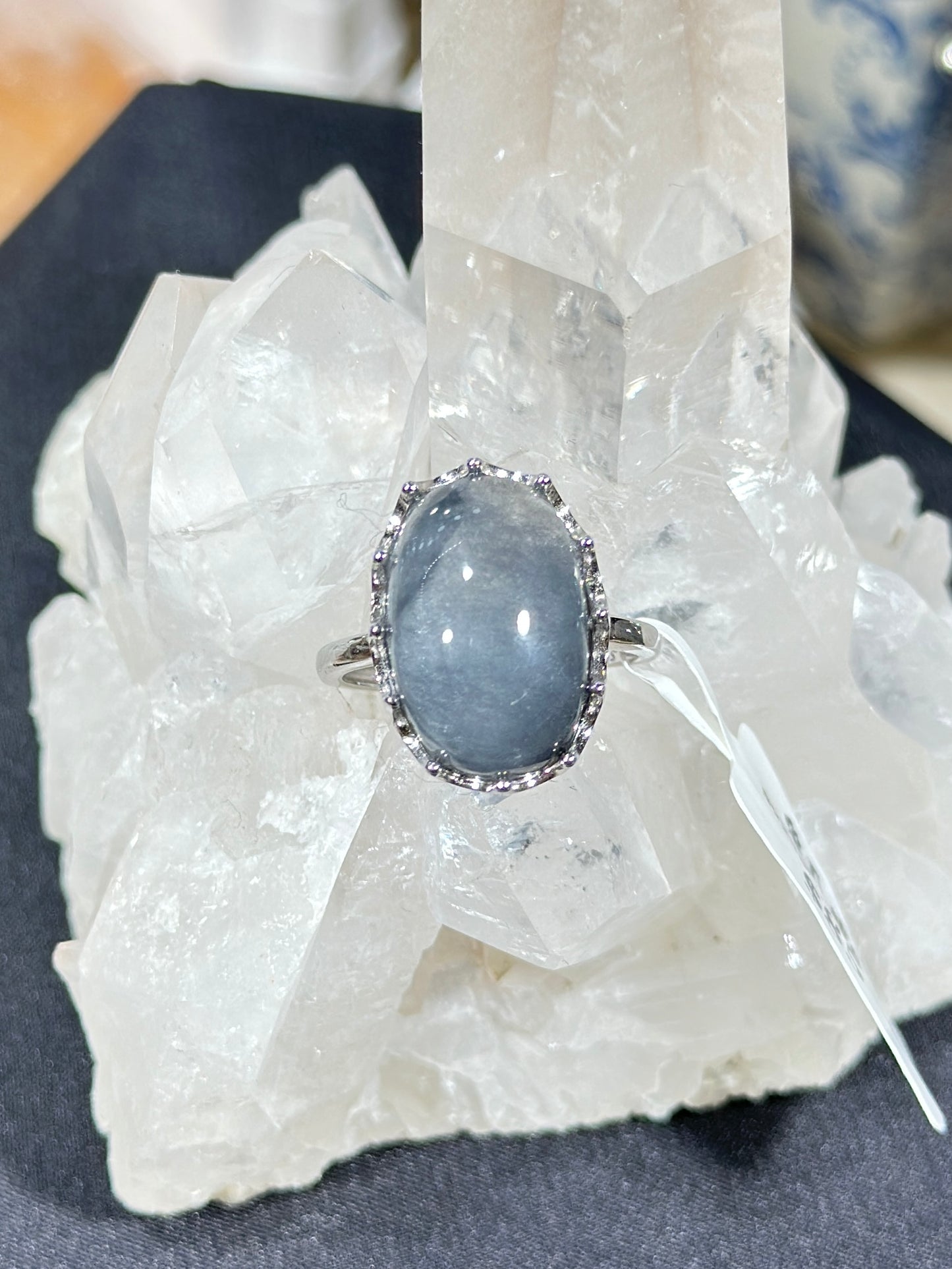 Blue rabbit fur crystal S925 silver ring