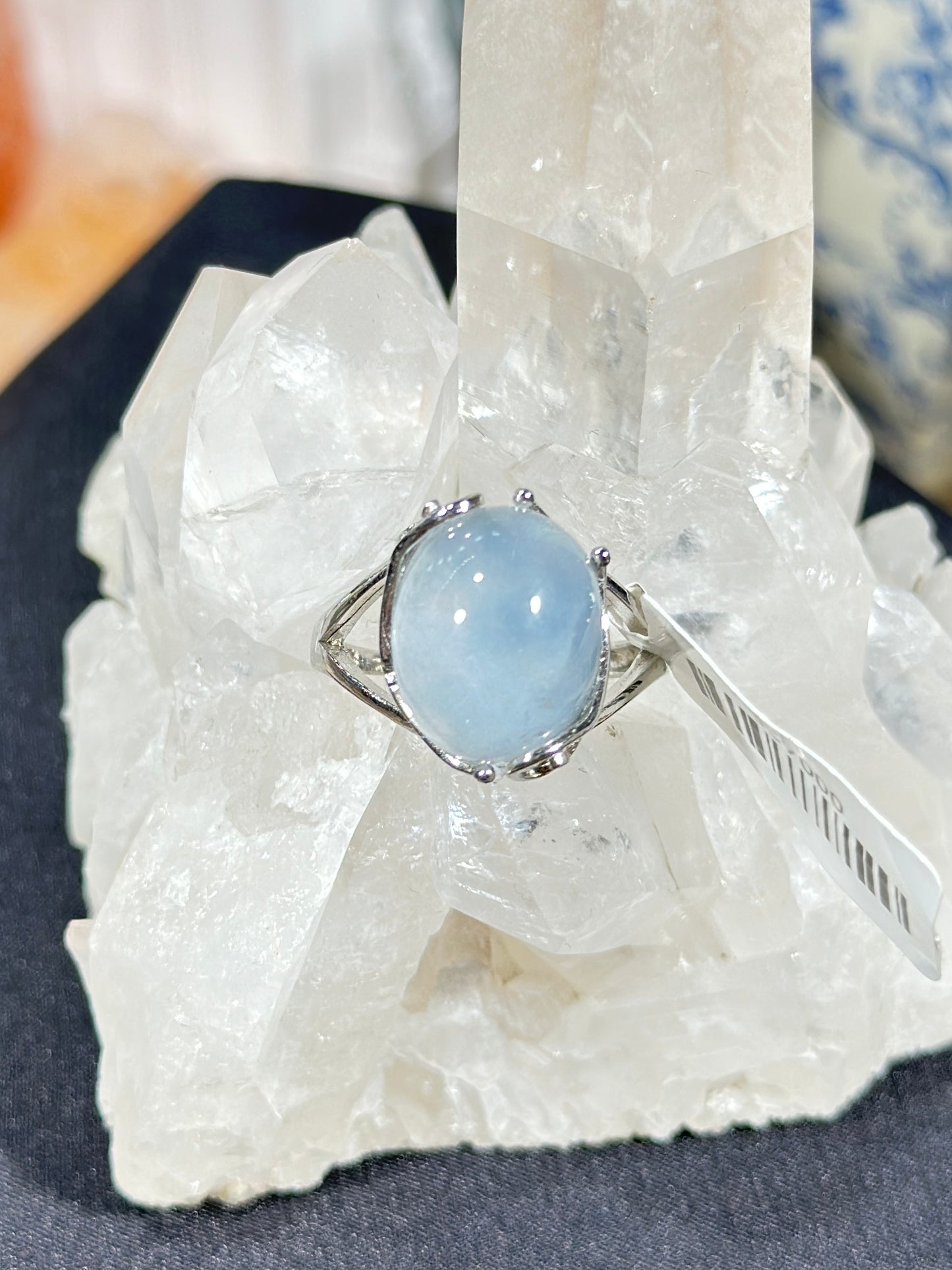 Blue rabbit fur crystal S925 silver ring