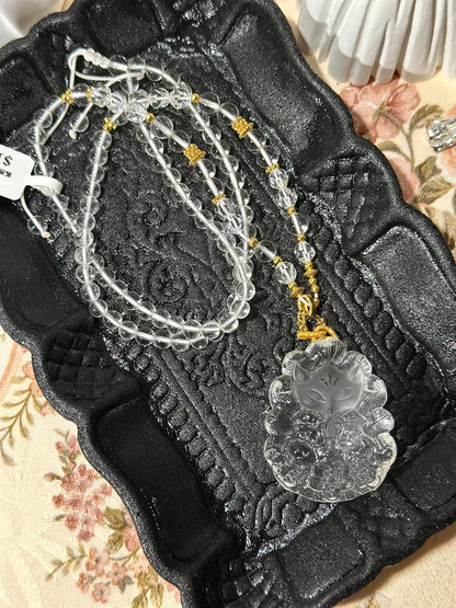 白水晶雕刻狐狸牌套链
