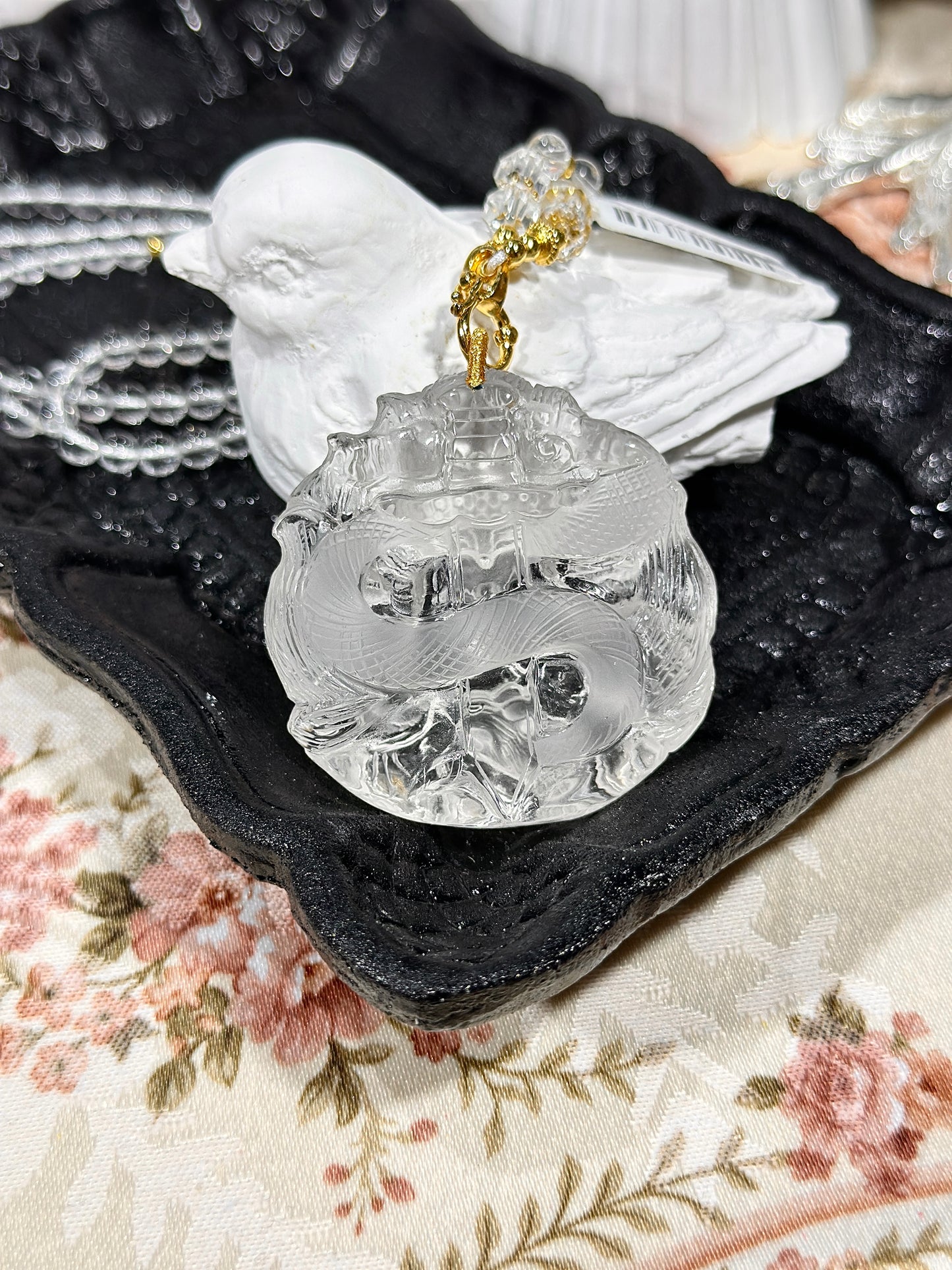 白水晶雕刻狐狸牌套链