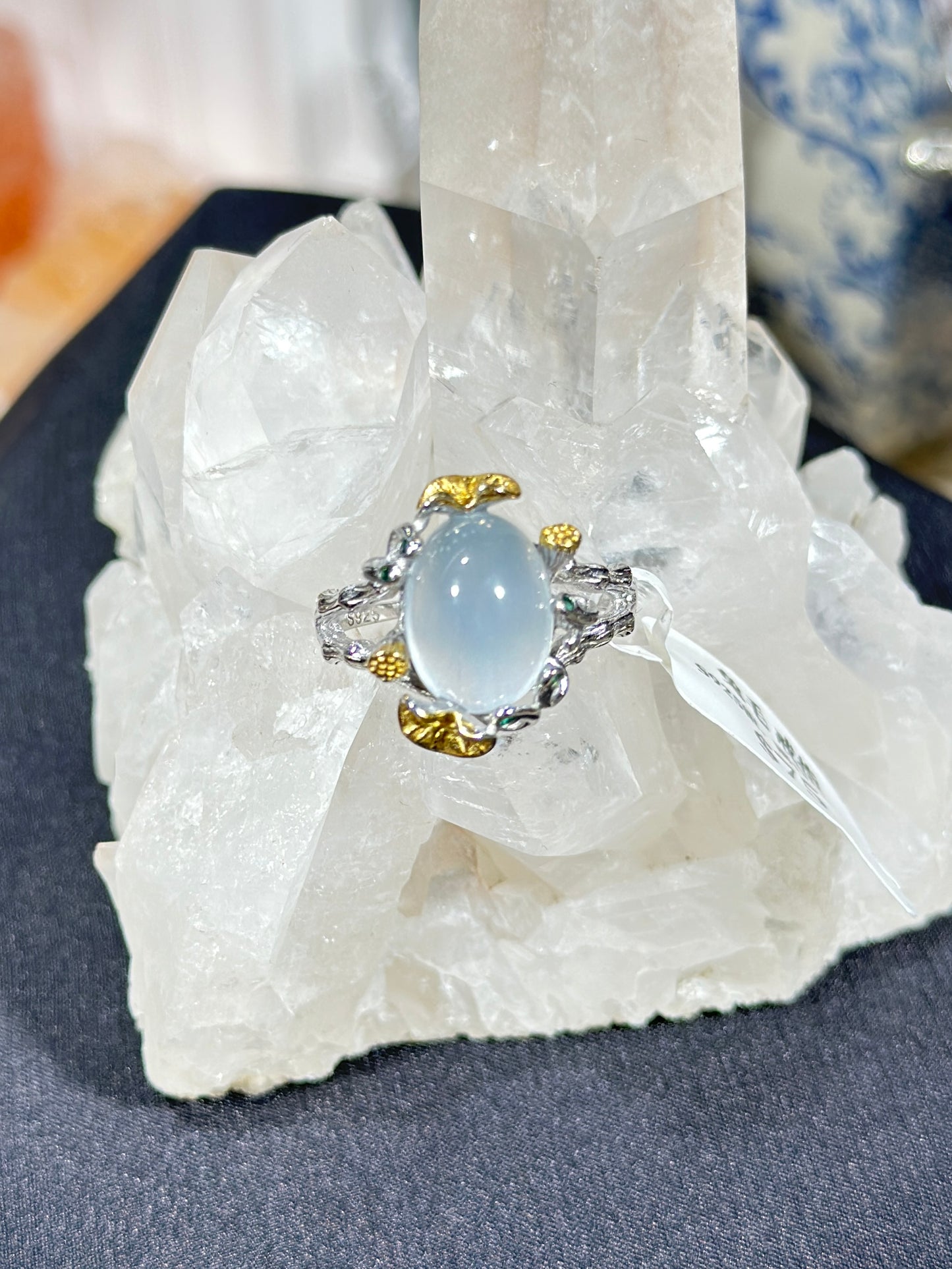 Blue rabbit fur crystal S925 silver ring