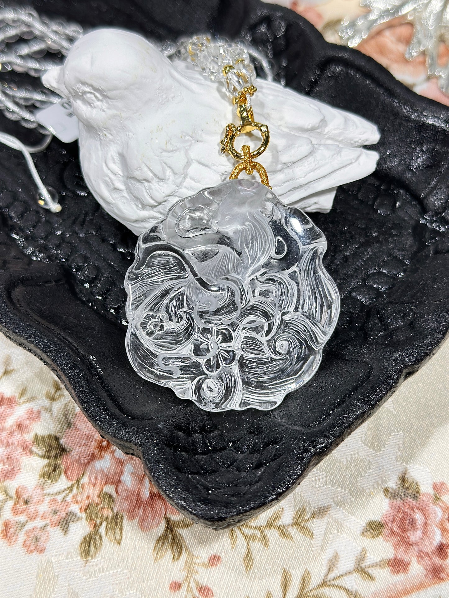 白水晶雕刻狐狸牌套链