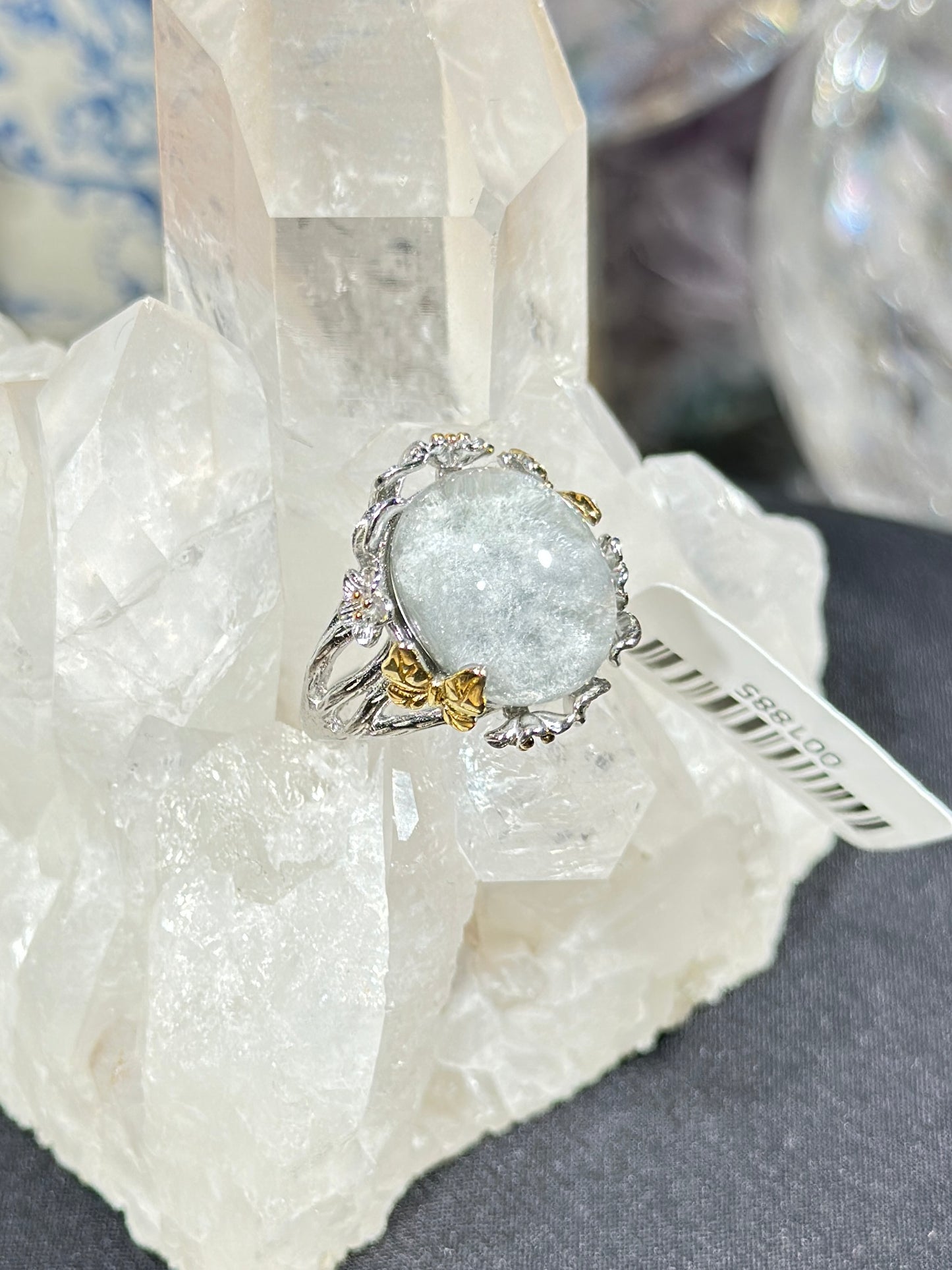 Blue rabbit fur crystal S925 silver ring