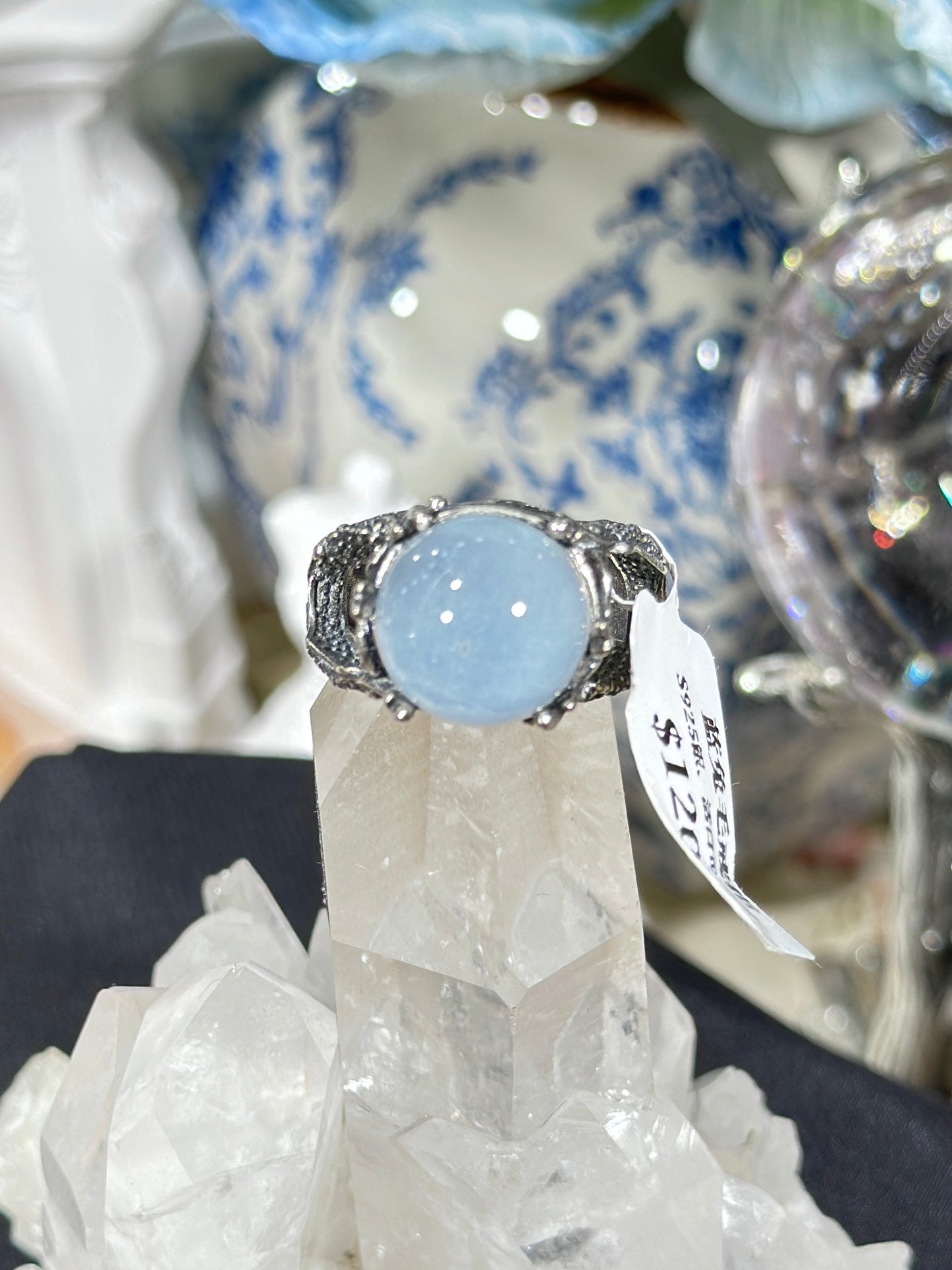 Blue rabbit fur crystal S925 silver ring