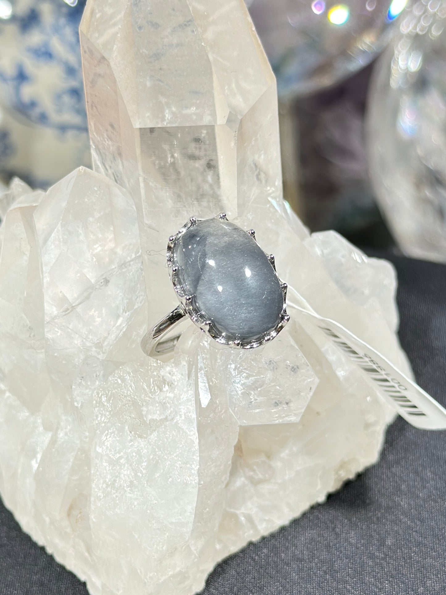 Blue rabbit fur crystal S925 silver ring