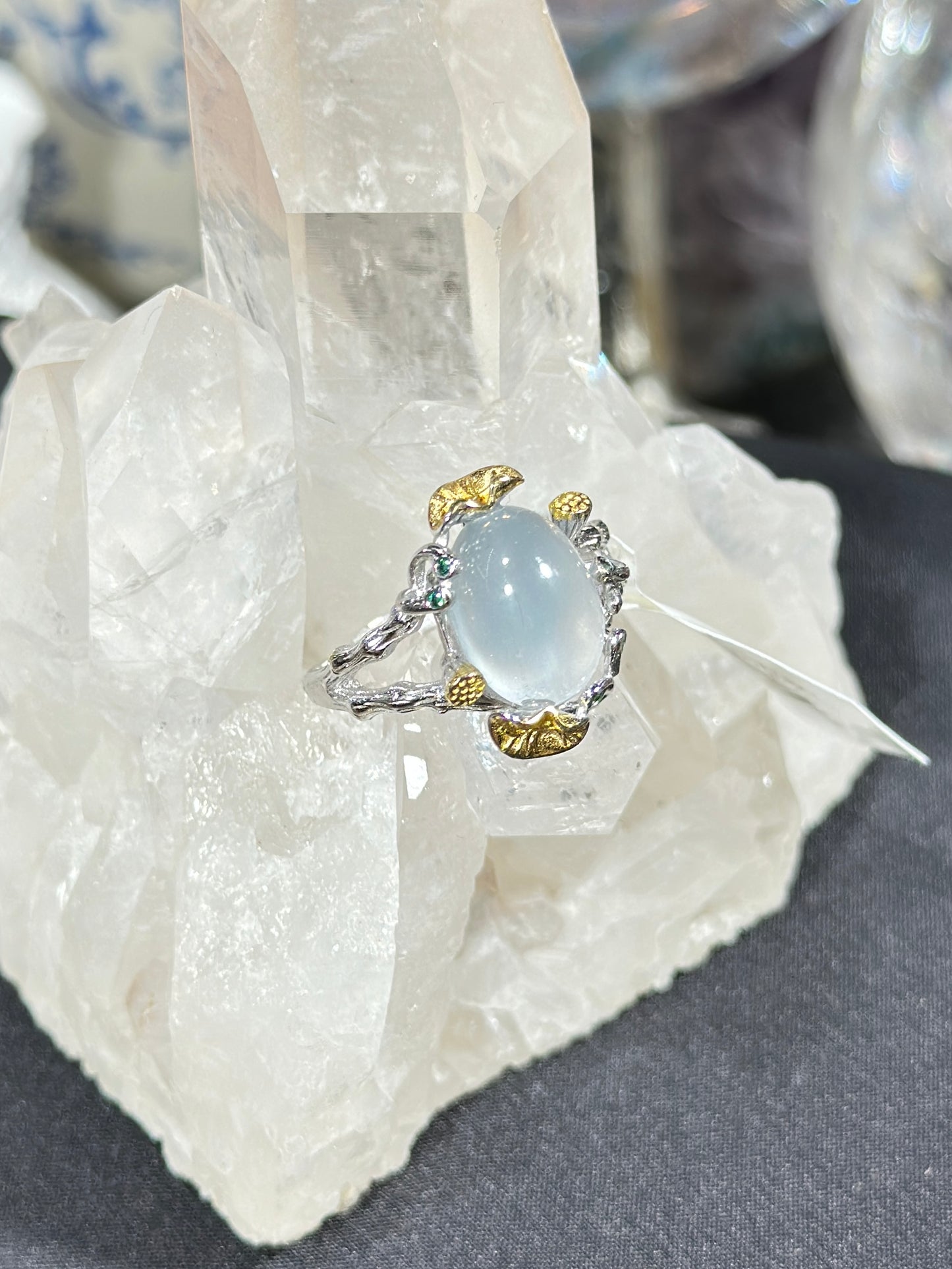 Blue rabbit fur crystal S925 silver ring